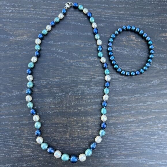 Honora Blue Moon Pearl Necklace Ringed Freshwater in Blue White 925 Silver 20” - Picture 1 of 11